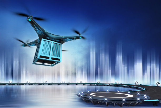 带着金属容器的无人机在直升机场上空飞行图片下载