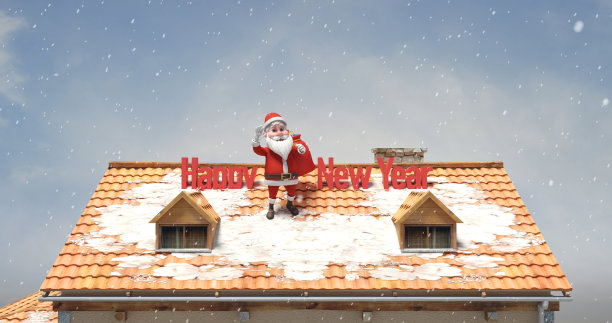 圣诞老人在屋顶上挥手祝福新年图片下载