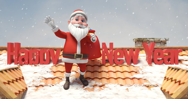 圣诞老人在屋顶上挥手祝福新年图片下载