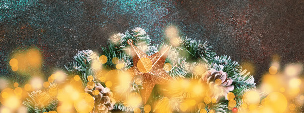 圣诞或新年的横幅组成与绿色的雪枞树枝，松果，金色的散科灯图片下载