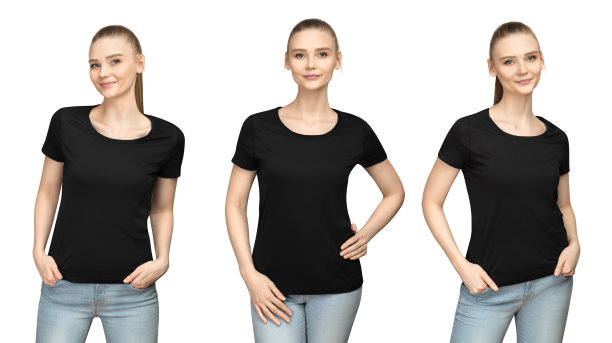 设置宣传姿势女孩在空白黑色t恤模型设计打印和概念模板年轻女子在t恤正面和半转侧视图孤立的白色背景与剪切路径图片下载