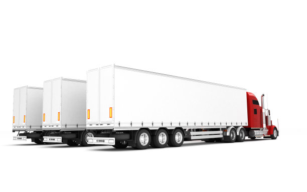 物流的概念。一组三辆红色美国货轮卡车和集装箱从左到右排成一排，孤立在白色背景上。视角。后侧的观点。三维演示图片下载