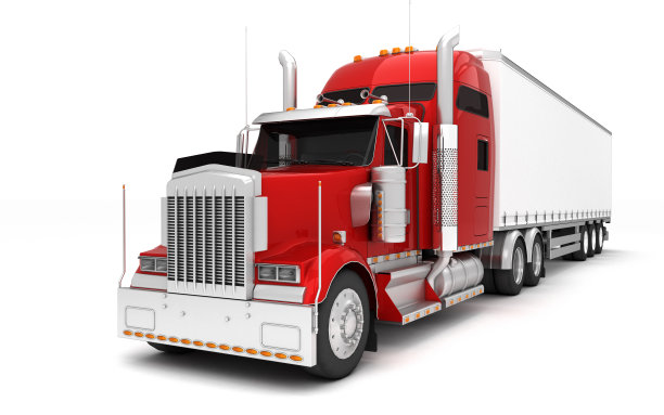 物流的概念。美国红色货船载着集装箱从右向左移动，孤立在白色背景上。视角。正面的看法。三维演示图片下载