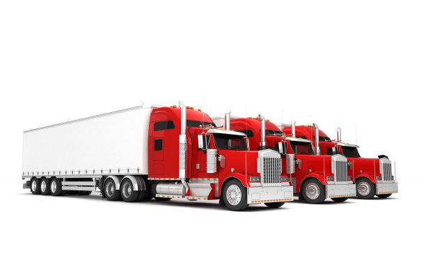 物流的概念。一组三辆红色美国货轮卡车和集装箱从左到右排成一排，孤立在白色背景上。视角。正面的看法。三维演示图片下载