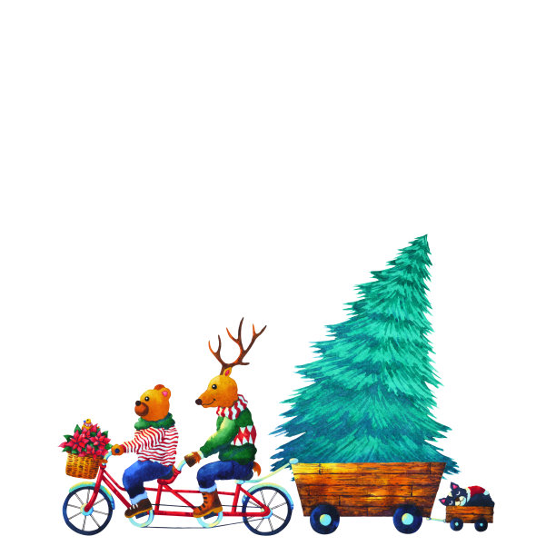 圣诞动物新年快乐水彩画插画图片下载