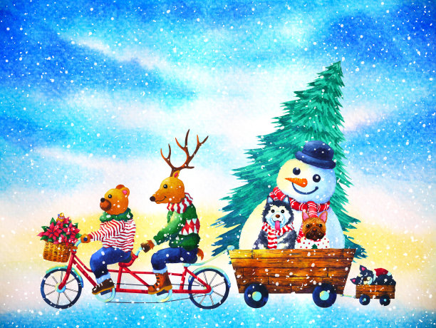 圣诞动物新年快乐水彩画插画图片下载
