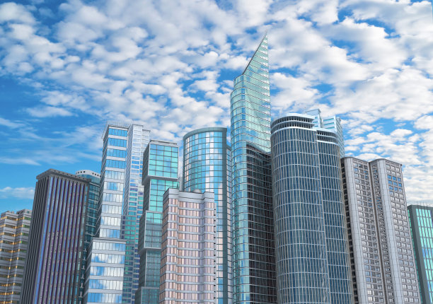 商业区的现代摩天大楼映衬着蓝天和白云。图片下载