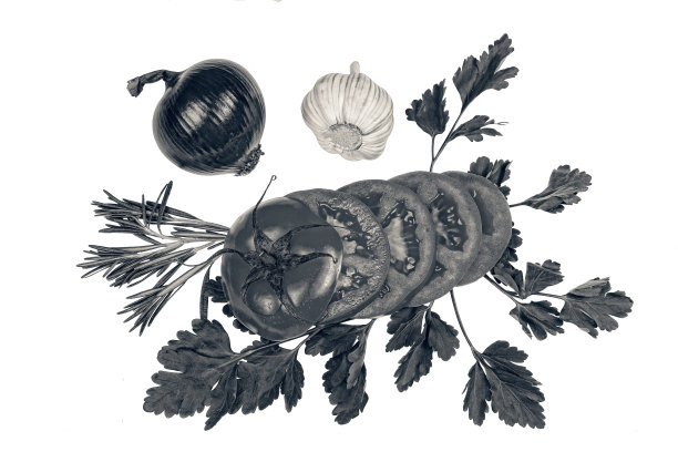 黑色和白色，排毒，西红柿，洋葱，大蒜，欧芹，迷迭香，套装，沙拉，图片下载