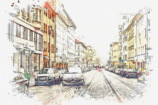 插图。在布拉格，有传统房屋的街道和停放着汽车的道路。图片下载