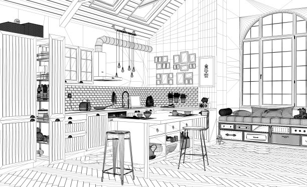 室内设计项目，黑白水墨草图，建筑蓝图展示当代斯堪的纳维亚厨房图片下载