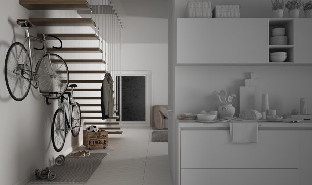 厨房和客厅带楼梯和自行车的未完成项目草案，现代建筑室内设计图片下载
