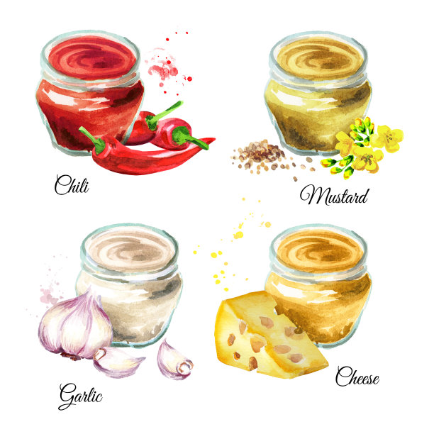 酱2。辣椒，芥末，大蒜，奶酪。水彩手绘插图，孤立的白色背景图片下载