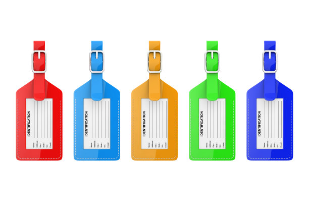采购产品多色皮革行李识别标签标签的名称，地址，城市，州和电话领域。3d渲染图片下载