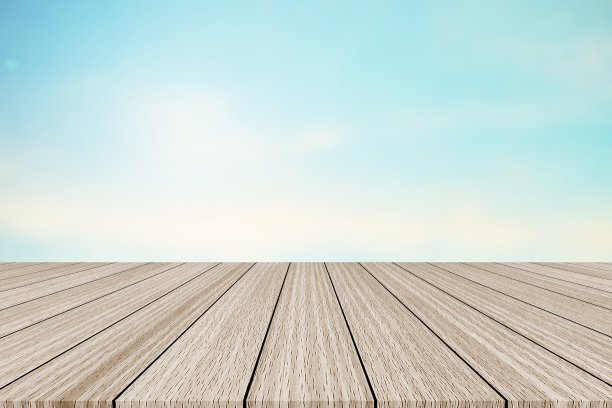 模糊的自然蓝色天空梯度辉光背景墙与现代棕色木材纹理面板颜色背景纹理桌面。宣传、展示、促销产品图片下载