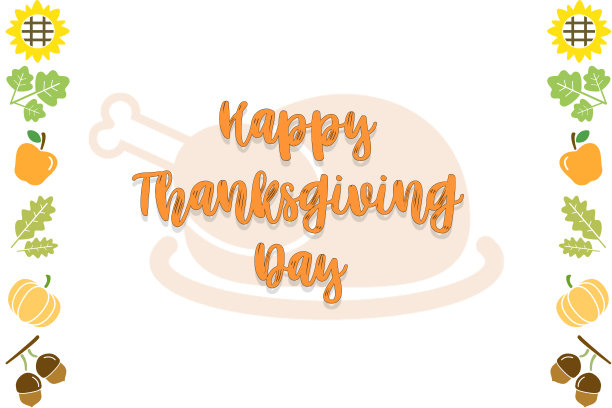 感恩节快乐黑色和白色文字背景与南瓜，火鸡图片下载