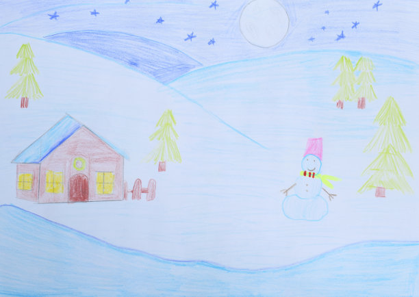 儿童画:冬天的风景——雪人、雪盖的房子、冷杉树、雪花图片下载