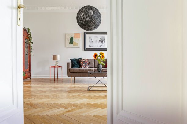 客厅内台灯下沙发旁的桌子上放着向日葵，还有海报。真实的照片图片下载