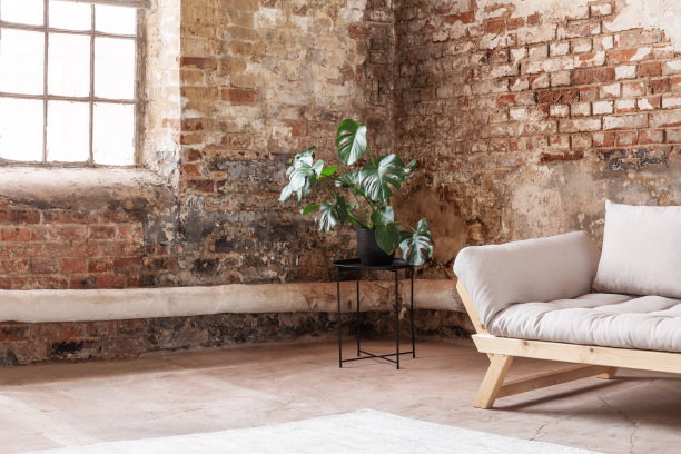 在阁楼客厅内的米色木质沙发旁种植，有窗户和红砖墙。真实的照片图片下载