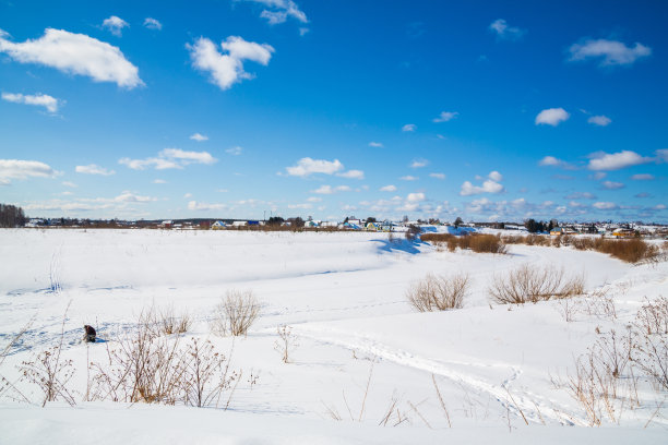 冬天的风景。农村。冰冻的河。阳光明媚的一天。蓝色的天空。白云。图片下载