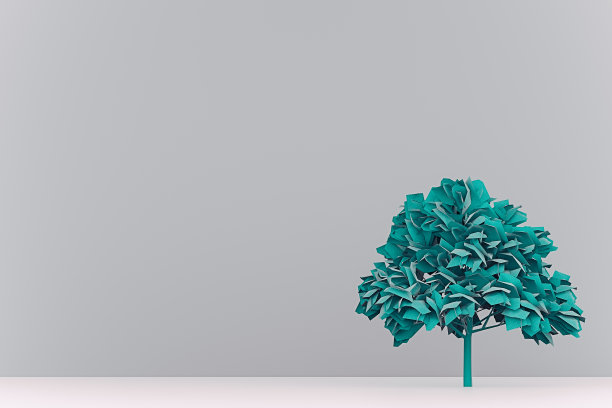 一棵树的概念形象，由绿松石亚麻纺织品，站在白色的表面和灰色的背景。图片下载
