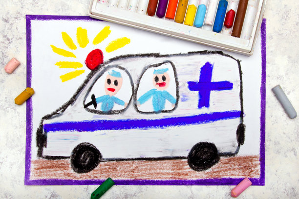 彩色手绘:救护车和医护人员图片下载