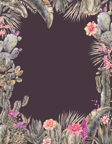 异域风情自然复古水彩盛开仙人掌垂直架。图片下载