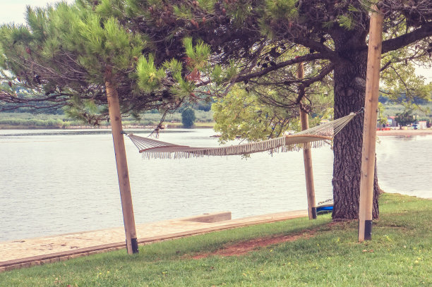 吊床露营特写在一个阳光明媚的日子里的海洋和森林的背景图片下载