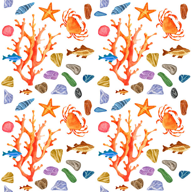 水彩无缝图案有海贝、鱼类、海星、螃蟹、石头等图片下载