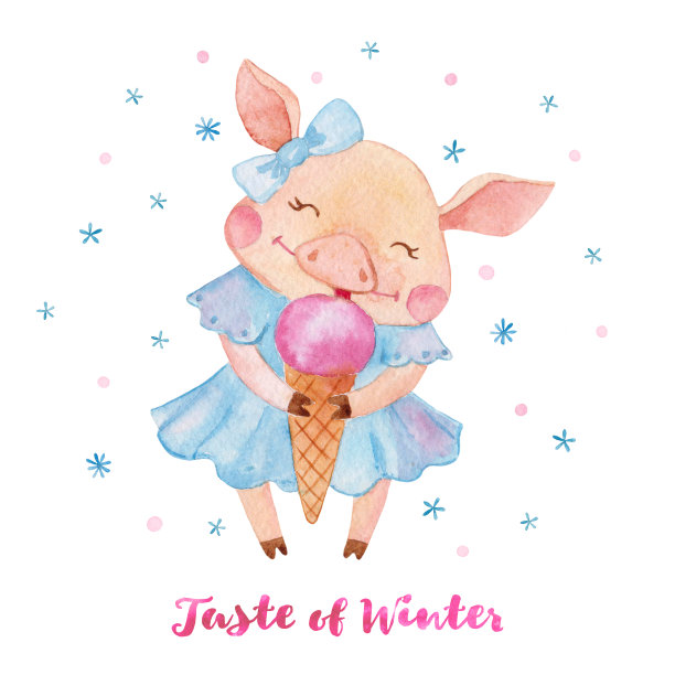 水彩贺卡与可爱的猪女孩与冰淇淋。图片下载