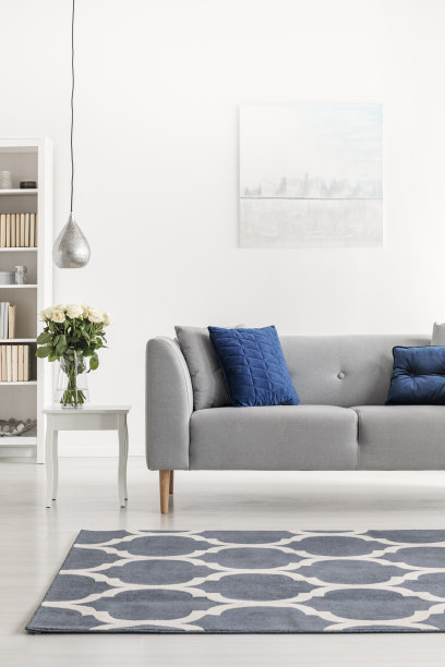 图案地毯前灰色沙发与蓝色枕头在白色阁楼内部与鲜花。真实的照片图片下载