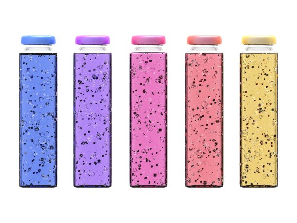 瓶子容器与五种颜色的碳酸水与3d渲染图片下载