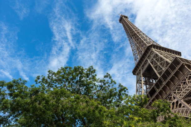 巴黎的埃菲尔铁塔在阳光明媚的日子与树木在前景。图片下载