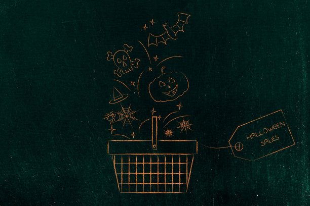 万圣节购物篮与怪异的物品和价格标签图片下载