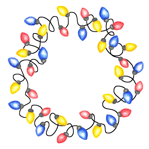 纠结的花环水彩框架。蓝色、红色和黄色的灯泡。圣诞节和新年的装饰图片下载