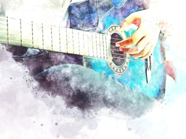 抽象美丽的吉他演奏前景上的水彩画背景和数字插图画笔艺术。图片下载