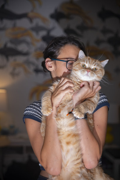 一个十几岁的女孩和一只红色的大猫的肖像图片下载