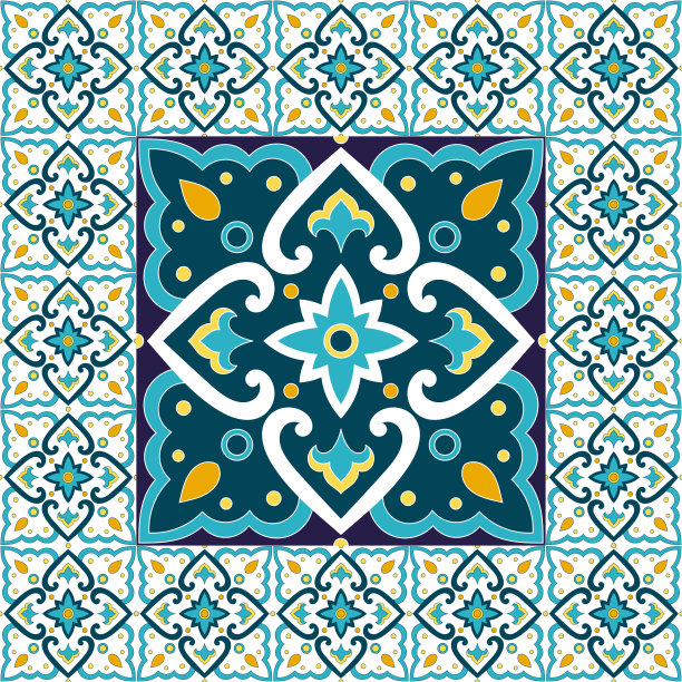 西班牙瓷砖图案地板矢量与马赛克印花。中间的大陶瓷元件被框起来。背景葡萄牙阿祖莱荷斯，墨西哥塔拉维拉，意大利西西里majolica，摩洛哥图案。图片下载