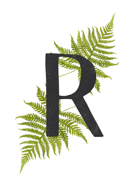 黑色字母R与绿色水彩蕨交织图片下载