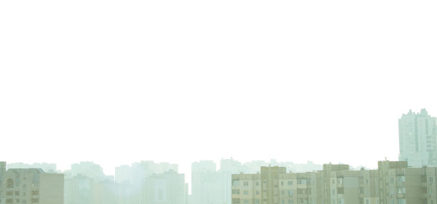 日落，日出，现代住宅，办公建筑在地平线上的白色背景。为文本复制空间。图片下载