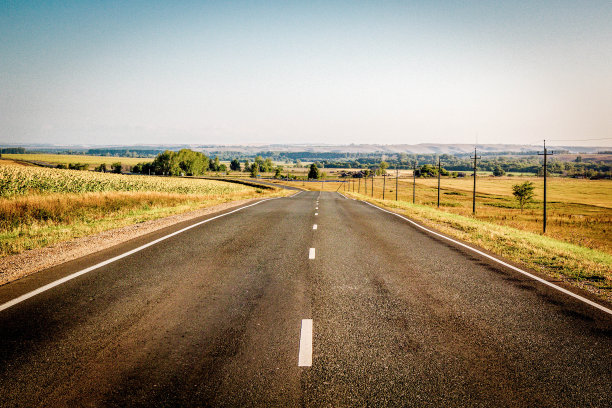 乡村沥青路的全景，金色的小麦和黄色的向日葵。图片下载