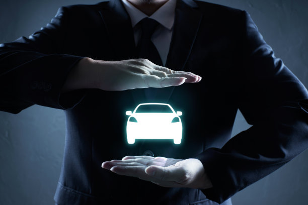 商人与保护姿态和汽车图标。图片下载