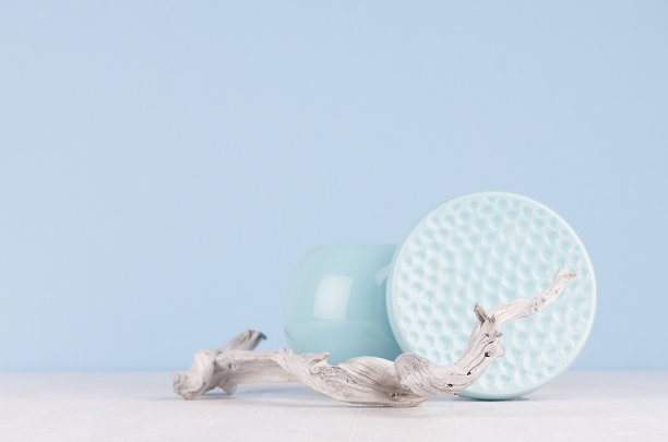 现代优雅日本风格的时尚家居装饰-浅蓝色陶瓷花瓶，碗和破旧的树枝在白木背景。图片下载