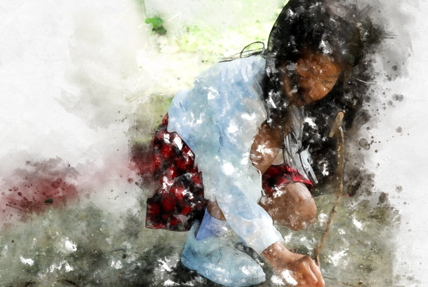 抽象小女孩画水彩插画背景画。图片下载