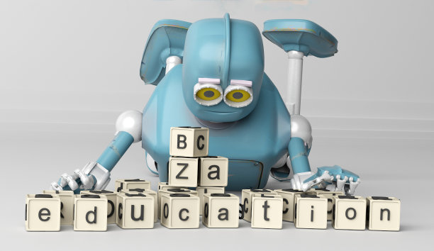 复古机器人在地板上玩木制的ABC立方体。3 d渲染。教育科学家机器人学生。图片下载