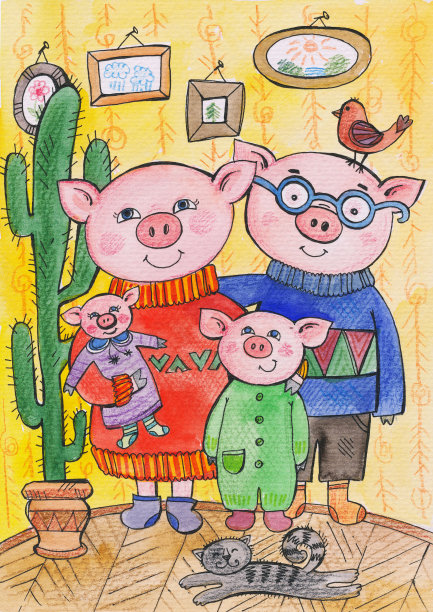 用水彩和彩色铅笔绘制的家庭插图。猪的家庭:妈妈，爸爸和两个孩子猪。图片下载
