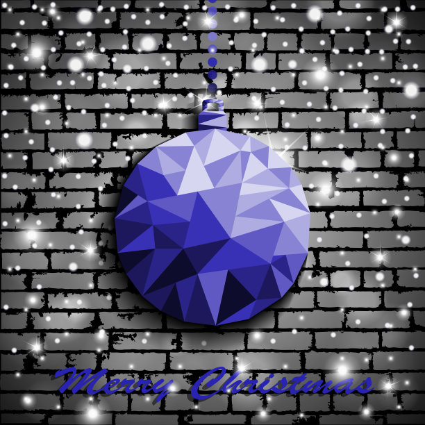 折纸风格的蓝色圣诞玩具与阴影在发光的银色砖墙背景与雪。矢量图图片下载
