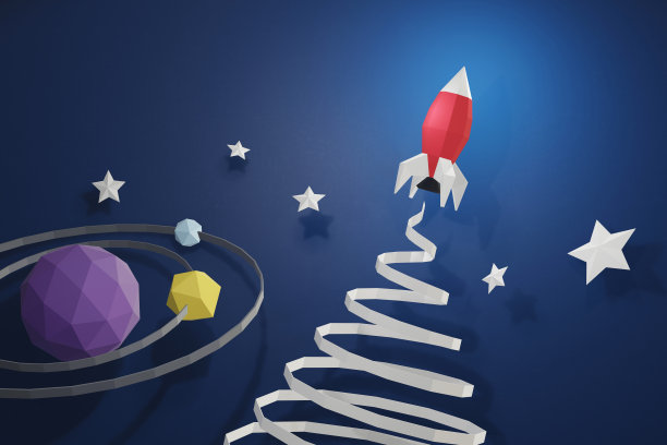 纸艺术风格的火箭发射在外太空与行星的蓝色背景，为任何特殊的场合，创造您自己的个性化贺卡，3D渲染和最小的概念设计。图片下载