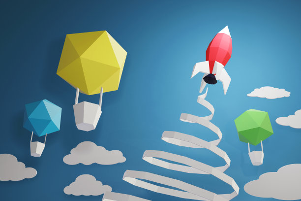 纸艺术风格的火箭发射在天空的蓝色背景与气球，为任何特殊的场合创建您自己的个性化贺卡，3D渲染和最小的概念设计。图片下载