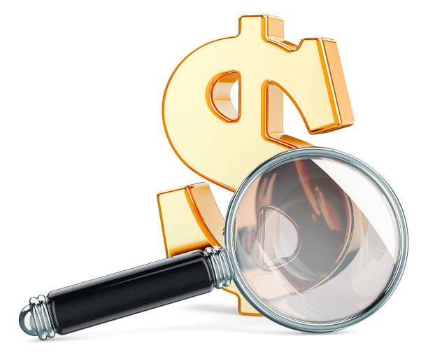 美元符号与放大镜，财务分析概念，3D渲染图片下载