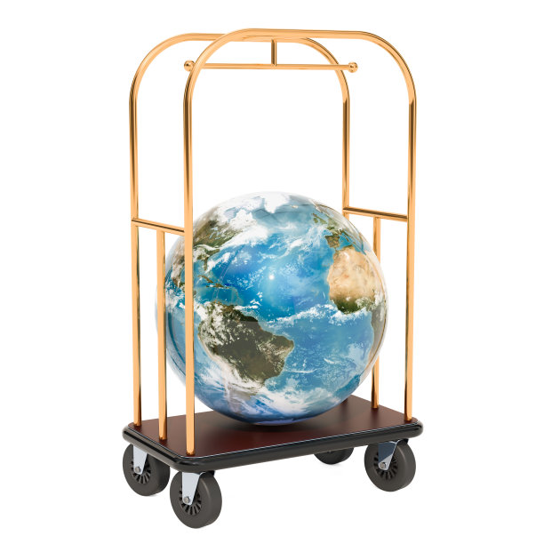 酒店手推车与地球，3D渲染孤立的白色背景图片下载